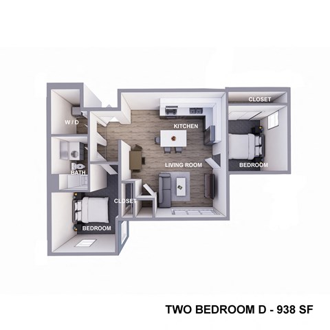 Floor plan for 2 beds, 1 bath, 938 sqft